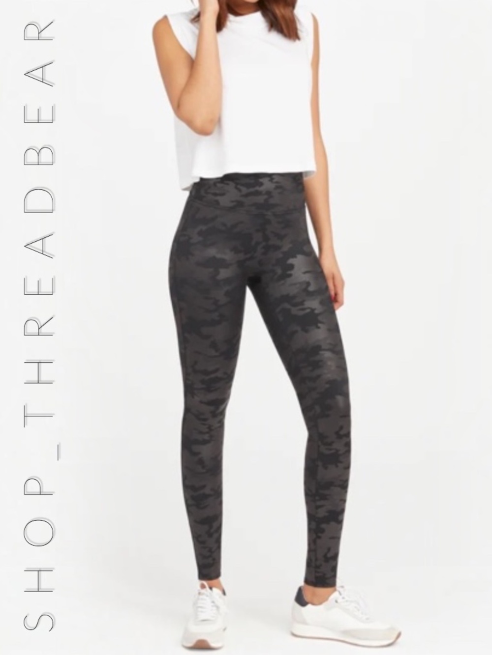 EUC [SPANX] WOW! Faux Leather Leggings Black Camo Compression Leggings | Large